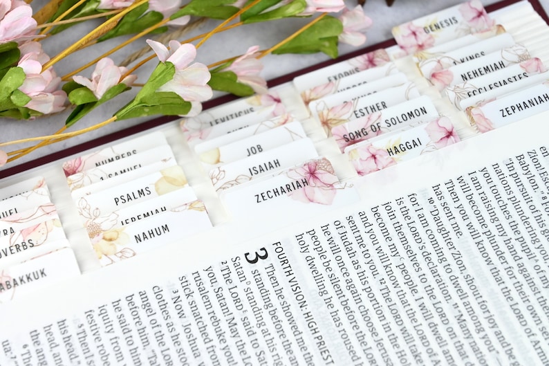 Floral Bible Tabs - Standard & Catholic, Matte Laminated, Double Sided Self Adhesive - Christian Gift, Bible Study image 1