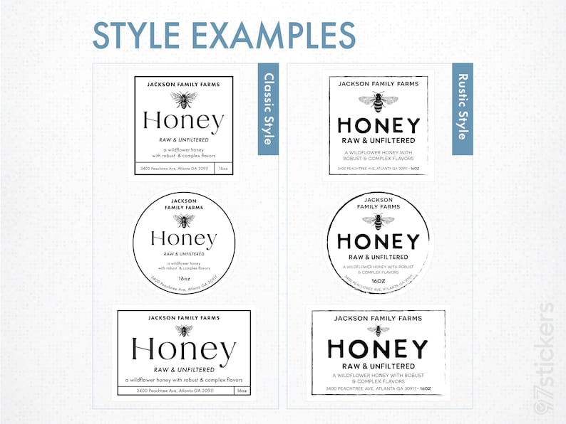 three different styles of honey labels from Jackson Family Farms, each with a unique design and color scheme.