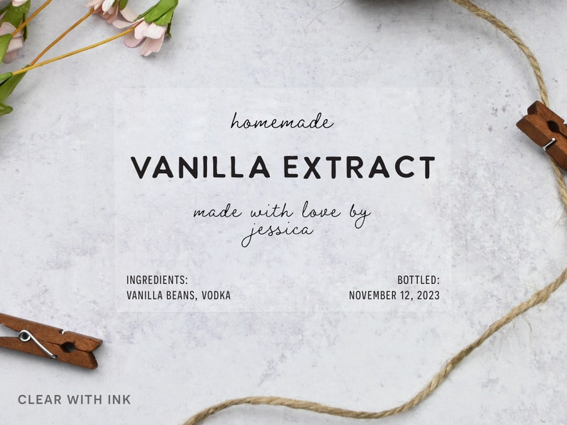 May include: A clear label with the words "VANILLA EXTRACT" in bold black letters. The label also includes the words "homemade", "made with love by jessica", and the ingredients "VANILLA BEANS, VODKA". The bottling date is November 12, 2023.