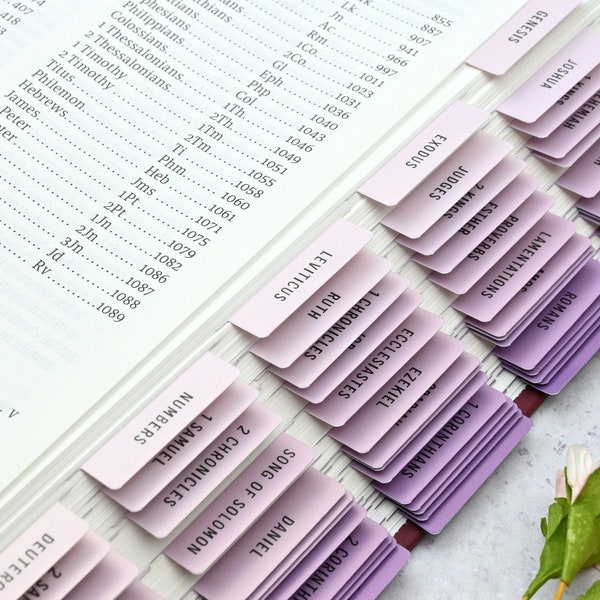 Bible Tabs (Lavender to Purple) - Standard & Catholic | Laminated | Double Sided | Christian Gift | Womens Study | Devotional | Journal v.7