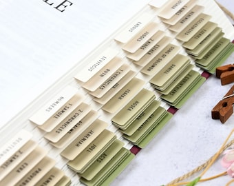 May include: A close-up of a Bible with beige and green tabs marking each book of the Bible. The tabs are labeled with the names of the books of the Bible, such as Genesis, Exodus, Leviticus, Numbers, Deuteronomy, Joshua, Judges, Ruth, 1 Samuel, 2 Samuel, 1 Kings, 2 Kings, 1 Chronicles, 2 Chronicles, Ezra, Nehemiah, Esther, Job, Psalms, Proverbs, Ecclesiastes, Song of Solomon, Isaiah, Jeremiah, Lamentations, Ezekiel, Daniel, Hosea, Joel, Amos, Obadiah, Jonah, Micah, Nahum, Habakkuk, Zephaniah, Haggai, Zechariah, Malachi, Matthew, Mark, Luke, John, Acts, Romans, 1 Corinthians, 2 Corinthians, Galatians, Ephesians, Philippians, Colossians, 1 Thessalonians, 2 Thessalonians, 1 Timothy, 2 Timothy, Titus, Philemon, Hebrews, James, 1 Peter, 2 Peter, 1 John, 2 John, 3 John, Jude, and Revelation.