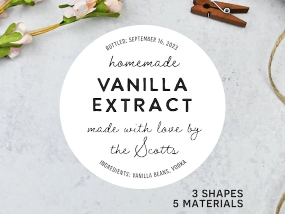 Personalized Vanilla Extract Sticker Labels - Vinyl - Custom Vintage - Water and Oil Resistant - Clear White Ink, Gold Foil - Homemade Gifts