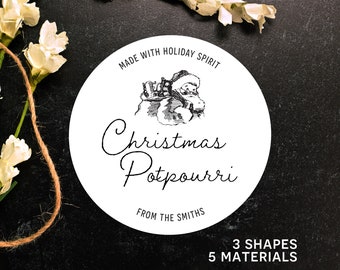 Christmas Potpourri Sticker Labels - Vinyl - Custom Vintage - Water and Oil Resistant - Clear White Ink, Gold Foil - Holiday Gift Idea