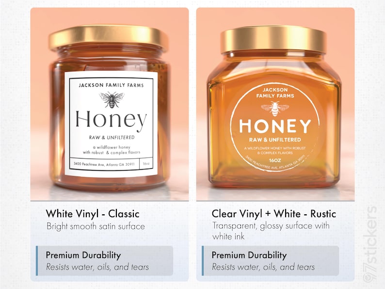 two jars of honey, one labeled "Honey Raw & Unfiltered" and the other labeled "Honey Raw & Filtered".