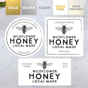 Honey Jar Label - Custom Personalized Farm Apiary Stickers for Bee Keepers - Clear White Ink & Gold Foil - Square, Circle and Rectangle