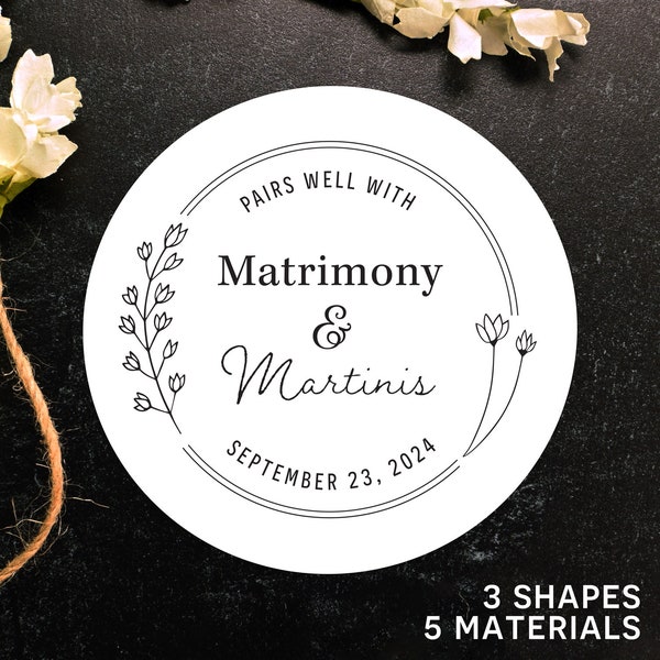 Matrimony & Martinis - Sticker Labels for Wedding Custom Personalized Bridal Shower, Pairs Well - Engagement  - Clear White Ink, Gold Foil