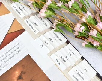 May include: White index cards with black text listing the books of the Bible. The cards are arranged in alphabetical order and are placed on a white surface. A bouquet of pink flowers is in the background.