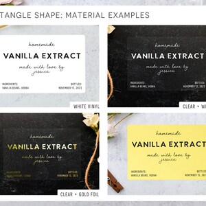 May include: Rectangle-shaped labels showcasing "VANILLA EXTRACT" in various materials: white vinyl, clear with white ink, clear with gold foil, and gold. Each label includes the text "homemade," "made with love by jessica," and ingredient and bottling details.