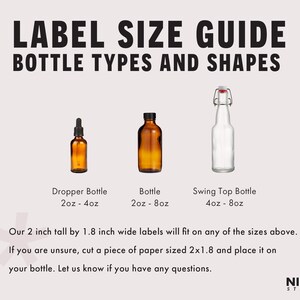 Puede incluir: Una gu&iacute;a de tama&ntilde;os de etiquetas para botellas, con tres tipos de botellas: una botella con cuentagotas, una botella y una botella con tapa abatible. La gu&iacute;a incluye medidas en onzas y cent&iacute;metros, con el texto "LABEL SIZE GUIDE BOTTLE TYPES AND SHAPES".