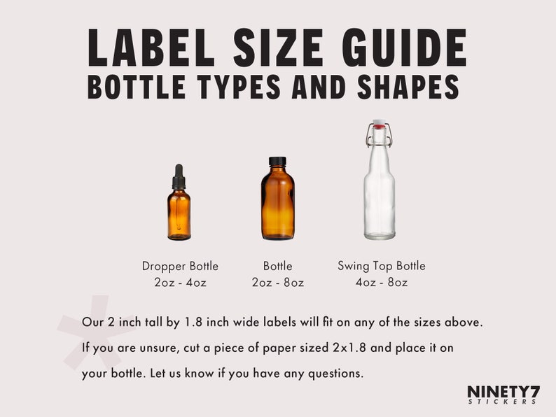 Puede incluir: Una gu&iacute;a de tama&ntilde;os de etiquetas para botellas, con tres tipos de botellas: una botella con cuentagotas, una botella y una botella con tapa abatible. La gu&iacute;a incluye medidas en onzas y cent&iacute;metros, con el texto "LABEL SIZE GUIDE BOTTLE TYPES AND SHAPES".