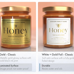 two jars of honey with different labels, one labeled "Gold - Classic" and the other "White + Gold Foil - Classic".