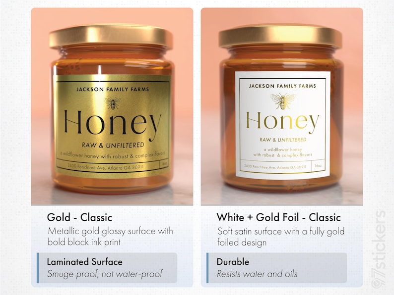 two jars of honey with different labels, one labeled "Gold - Classic" and the other "White + Gold Foil - Classic".