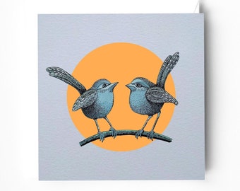 Little blue birds greeting card - Quirky card design – Gouache and ink illustration - Birds Greeting Card