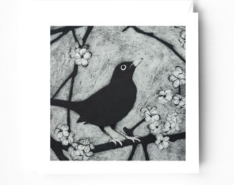 Blackbird greeting card - Blackbird art card - Blackbird and blossom - Collagraph art card - Blackbird collagraph - Garden bird card