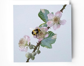 Blackberry blossom and bumble bee greeting card - Blossom greeting card - Bee and flowers card - Flower card - Floral cards blank