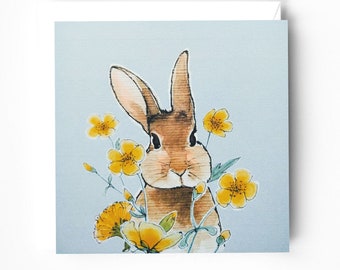 Spring Bunny greeting card - Easter Bunny greeting card - Original Watercolour and Ink Greeting Card - Rabbit and flowers card