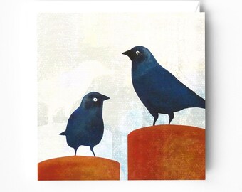 Jackdaws - Lino-cut and stencil original artwork - Greeting Card - British Birds Card - Wildlife Greeting Card