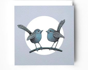 Little blue birds greeting card - Quirky card design – Gouache and ink illustration - Birds Greeting Card