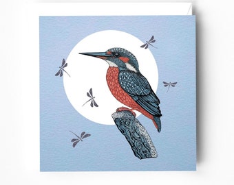 Kingfisher greeting card – Bird card - Kingfisher perched on a log - Gouache illustration - Wildlife greeting card
