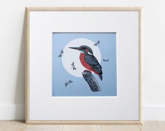 Kingfisher gouache painting - Kingfisher art print - British wildlife - Bird wall art - Bird illustration - Home décor - Kingfisher gift