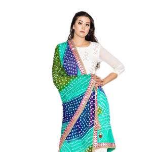 Bandhani Dupatta | Bandhej 2.25 Meter Free Size | Bridesmaid Gift | Boho Bandhani | Gota | Multi Color Tie Dye | Turquoise, Blue & Green