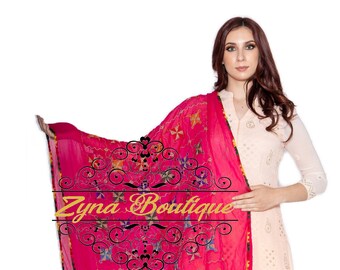 Phulkari Dupatta, Multi Color Embroidered scarf, Return Gift, Wedding Gift, Gift for Her, Geometrical, Floral, Chiffon-Multi Silk Thread