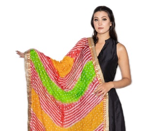 Handmade Bandhani Dupatta: Multi Color Tie Dye, Gota Patti Border