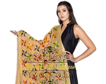Return Gift, Hand Crafted Chiffon Pakha Phulkari Geometrical Embroidered Dupatta, Bridesmaid Gift, Embroidered, Chiffon-Multi Silk Thread
