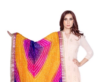 Bandhani Dupatta | Bandhej Print Dupatta 2.25 Meter Free Size | Bridesmaid Gift | Boho Bandhani Stole | Gota Patti | Multi Color Tie Dye