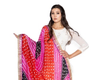 Handmade Bandhani Dupatta: Multi Color Tie Dye Stole with Gota Patti Border