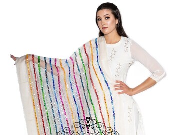 White Dupatta | Lightweight Net-Tulle Dupatta | Return Gift | Wedding Gift | Multi-Color Embroidered-Faux Mirror, Tassels | Gift for Her