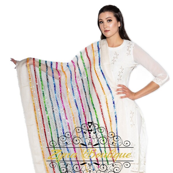White Dupatta | Lightweight Net-Tulle Dupatta | Return Gift | Wedding Gift | Multi-Color Embroidered-Faux Mirror, Tassels | Gift for Her