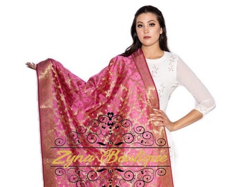 Wedding Gift | Traditional Women’s Silk Floral Jaal Zari Dupatta | Bridesmaid Gift | Return Gift | Zari Border Tassels | Silk Stole-Scarf