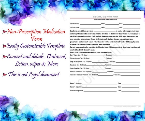 Non-Prescription Medical Consent Form | Daycare documents | Authorization form | Daycare Medical form | Template