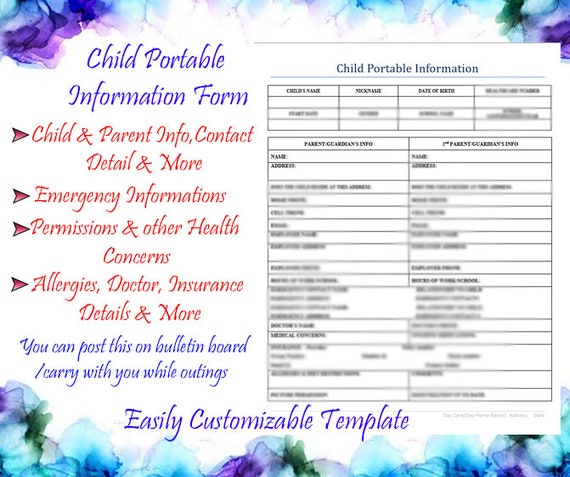 Child Portable Information Form | Daycare document | Child Information Form | Child Important Details Form | Information Form | Template