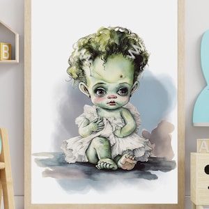 Baby Bride of Frankenstein Printable, Nursery Art Print, Digital Download Poster Horror Decor Wall Art Prints, Vintage Halloween Decorations