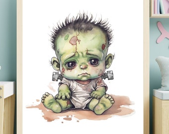 Baby Frankenstein Printable, Nursery Art Print, Digital Download Poster Horror Decor Wall Art Prints, Vintage Halloween Decorations