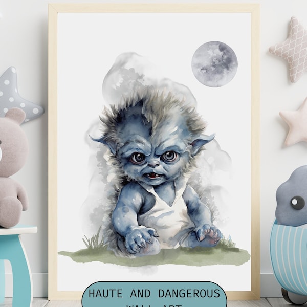 Baby Werewolf Printable, Nursery Art Print, Digital Download Poster Horror Decor Wall Art Prints, Vintage Halloween Decorations, Wolf Man