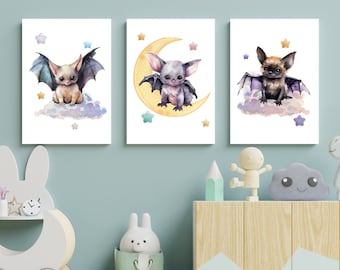 Set of 3 Baby Bat Bats Printable, Nursery Decor, Digital Download Wall Art, Girl Boy Nursery Prints, Magical Nursery Decor Digital Download