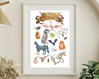 Stampa di grafici di creature magiche / Arte murale stampabile con acquerelli magici / Decorazioni magiche stravaganti / Download digitale / Ippogrifo fenice