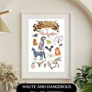 Magic Creatures Chart Print | Magical Watercolor Printable Wall Art | Whimsical Wizarding Decor | Digital Download | Phoenix Hippogriff