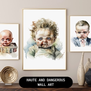 May include: Three watercolor paintings of children with creepy expressions. The paintings are framed in gold and displayed on a wall above a dark wood dresser.
