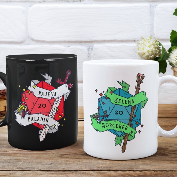 Personalized DnD Mugs with Name - Customizable Dungeons and Dragons Class Mug - Personalized D&D Class Gifts w dice  Custom Gifts wedding