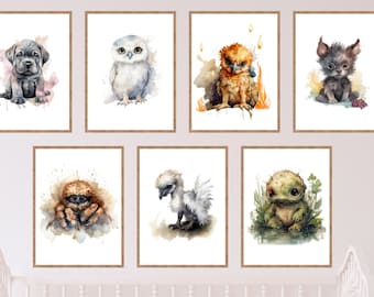 Magic Creature Nursery Printable Art Set of 7, DIY nursery decor, Baby werewolf owl, Magical creatures prints, Digital Download Printables