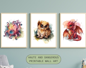Juego de 3 impresiones de arte imprimible de monstruos de DnD para bebés, decoración de pared para guardería, impresiones digitales de criaturas de Dungeon and Dragons.