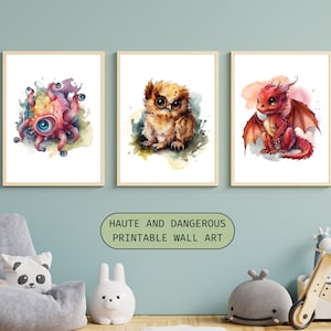 Baby DnD Monster Printable Art Set of 3, Nursery Decor, Dungeon and Dragons Printables Nursery Wall Decor Creature Digital Download Prints