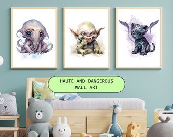 Juego de 3 impresiones artísticas de monstruos de DnD para bebés, decoración de guardería, imprimibles de mazmorras y dragones, decoración de pared para guardería, impresiones digitales de criaturas B