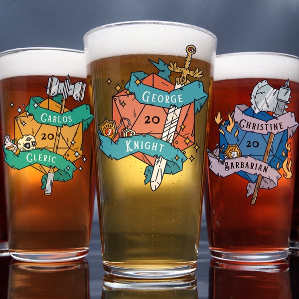 Personalized DnD Pint Glass with Name / class, Customizable Dungeons and Dragons Class Mug Personalized D&D Gifts dice Custom Gifts wedding