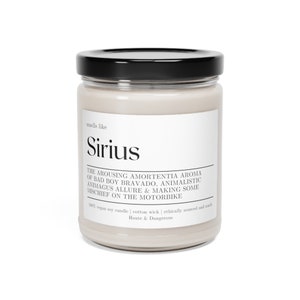 magical soy based wax candle lit on a table that reads "smells like sirius black"