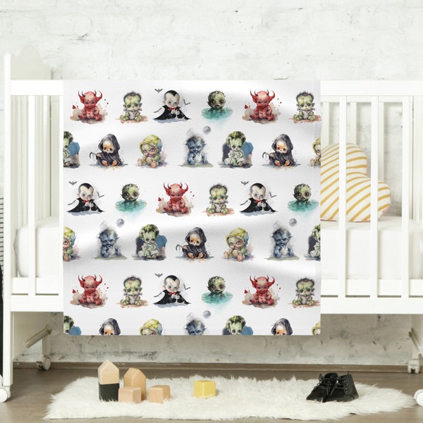 Manta de peluche de monstruo bebé, decoración de guardería de monstruos, habitación de bebé de Halloween espeluznante, manta de bebé, Drácula vampiro hombre lobo Frankenstein